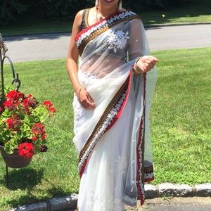 Pre-pleated white sheer sari, with black top